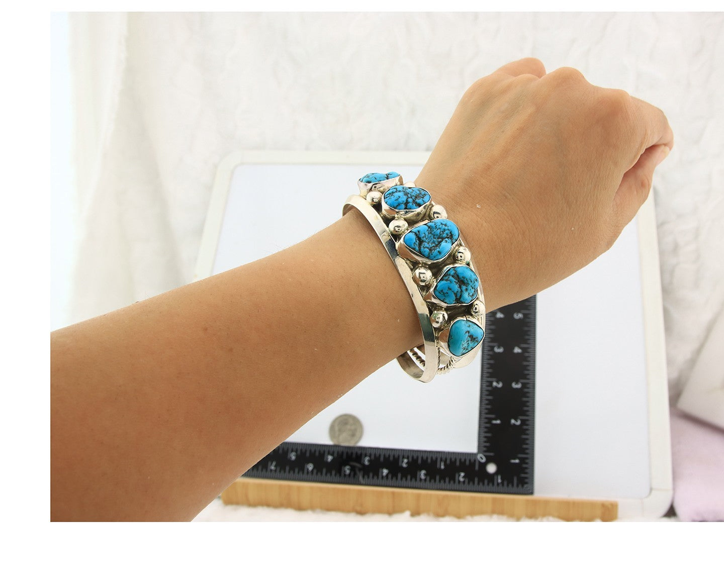 Men Navajo Bracelet Sterling Silver Handmade Nugget Turquoise Signed JR