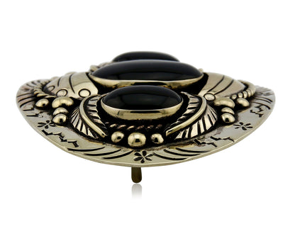 Navajo Handmade Belt Buckle .999 Nickle Silver Onyx Artist Signed Tipi C.80's
