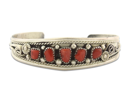 Vintage Navajo Bracelet 925 Silver Red Coral Handmade Signed I J Brown