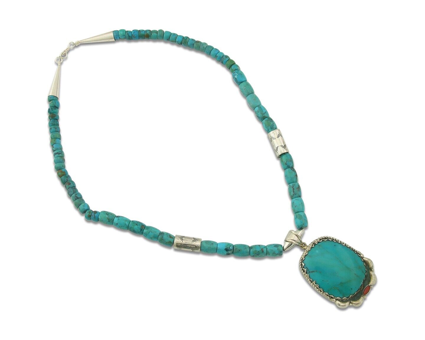 Vintage Navajo Bead Necklace 925 Silver Turquoise Hand Stamped Signed