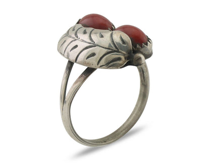 Navajo Handmade Ring 925 Silver Natural Mediterranean Coral Signed 88 C.80's