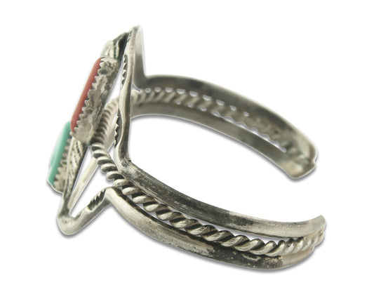 Vintage Navajo Bracelet 925 Silver Red Coral Turquoise Authentic