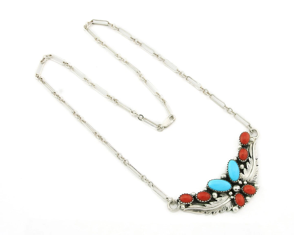 Navajo Necklace Earring Set 925 Sterling Silver Turquoise & Coral Signed RB