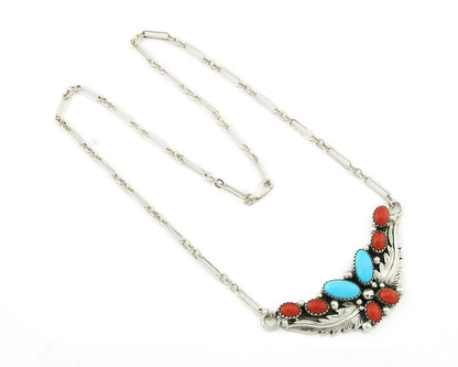 Navajo Necklace Earring Set 925 Sterling Silver Turquoise & Coral Signed RB