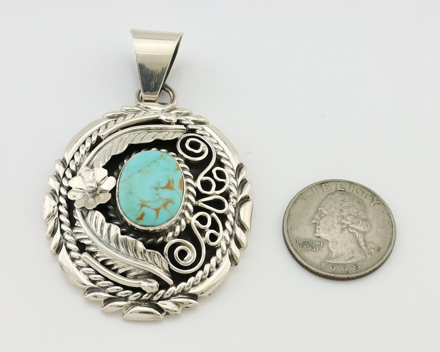 Navajo Pendant 925 Silver Kingman Turquoise Native American Artist C.80s