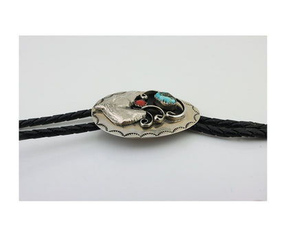 Navajo Bolo Tie Horse Head .999 Nickel Coral & Turquoise C.80's