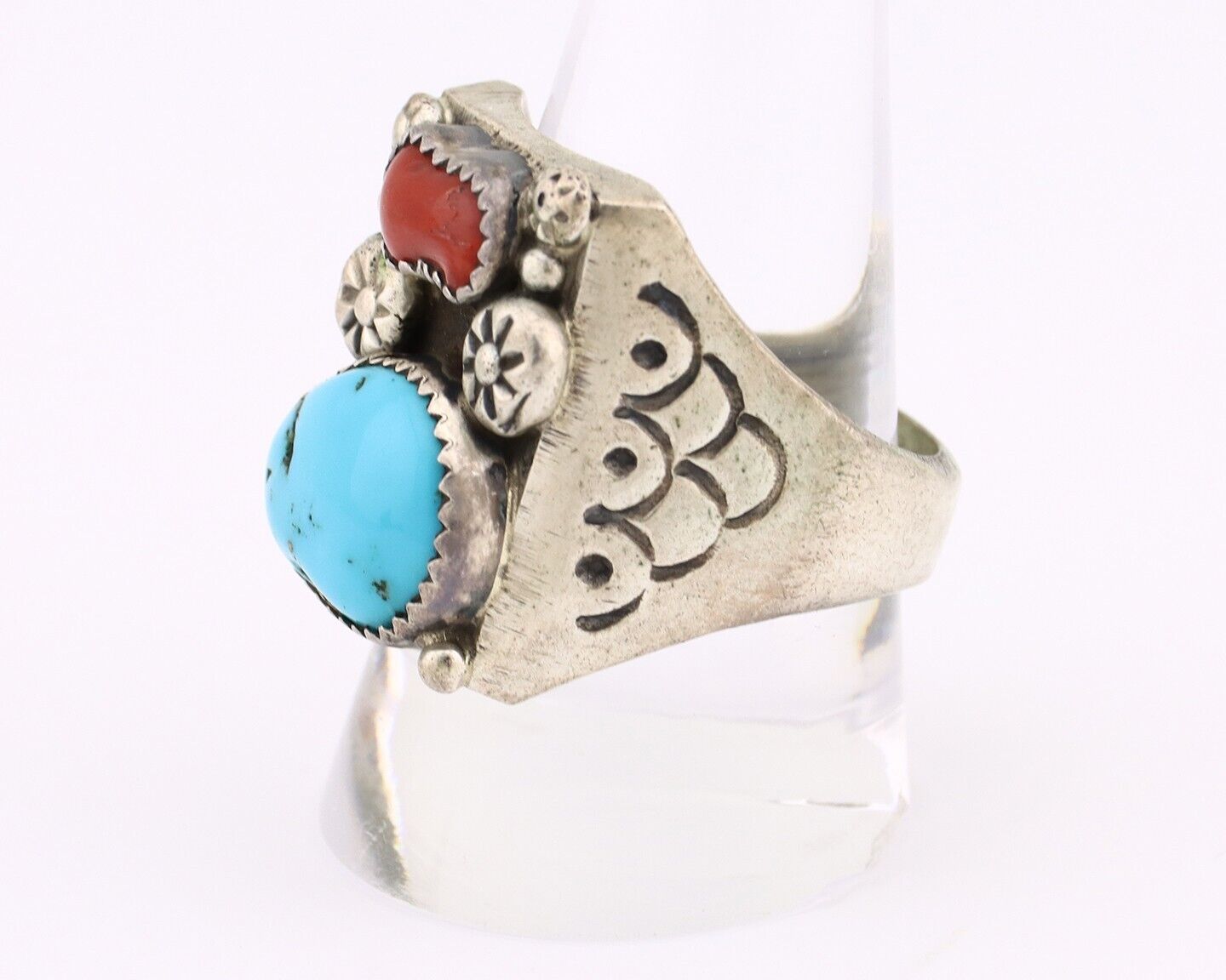 Navajo Ring 925 Silver Sleeping Beauty Turquoise & Coral Native Artist C.80s