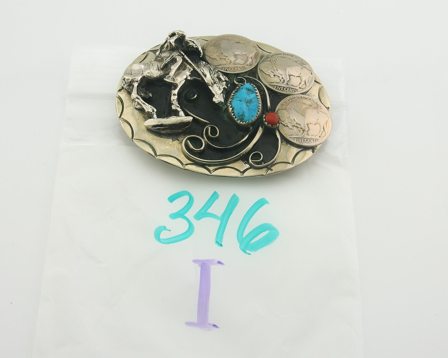 Navajo Belt Buckle .999 Nickel Buffalo Gemstone Signed W.O.W. 2.5x3.0 in C.80's