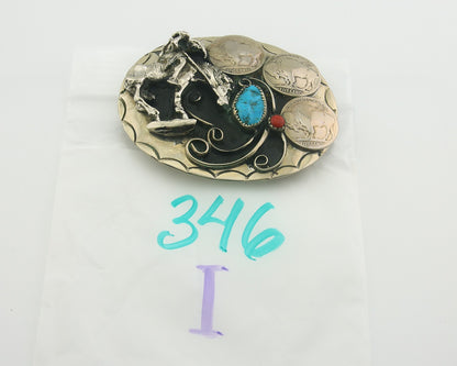 Navajo Belt Buckle .999 Nickel Buffalo Gemstone Signed W.O.W. 2.5x3.0 in C.80's