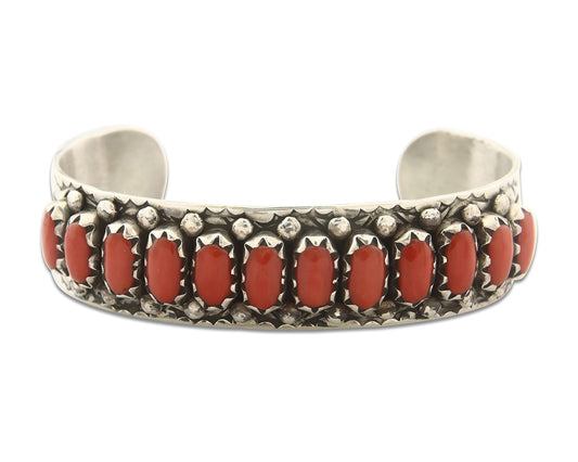 Vintage Zuni Bracelet 925 Silver Red Coral Handmade Signed CAY