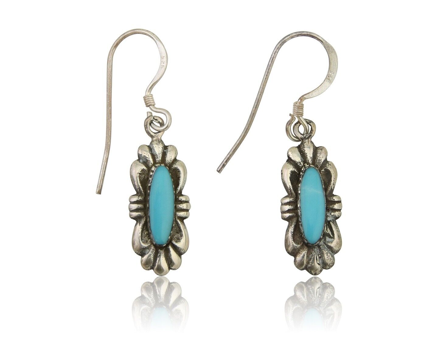 Navajo Dangle Earrings 925 Silver Blue Turquoise Artist Signed Square C.80's