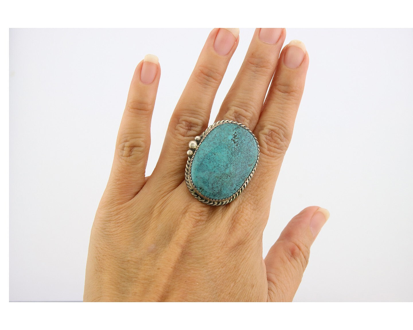 Navajo Ring 925 Sterling Spiderweb Blue Turquoise Native Artist C.80's Size 9.0