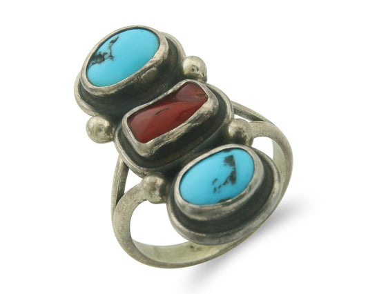 Vintage Navajo Ring 925 Sterling Natural Coral & Turquoise Native Artist Sz 9.0