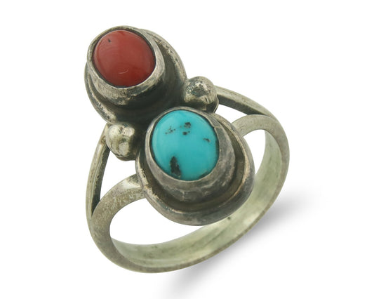 Vintage Navajo Ring 925 Sterling Natural Coral & Turquoise Native Artist Sz 6.0