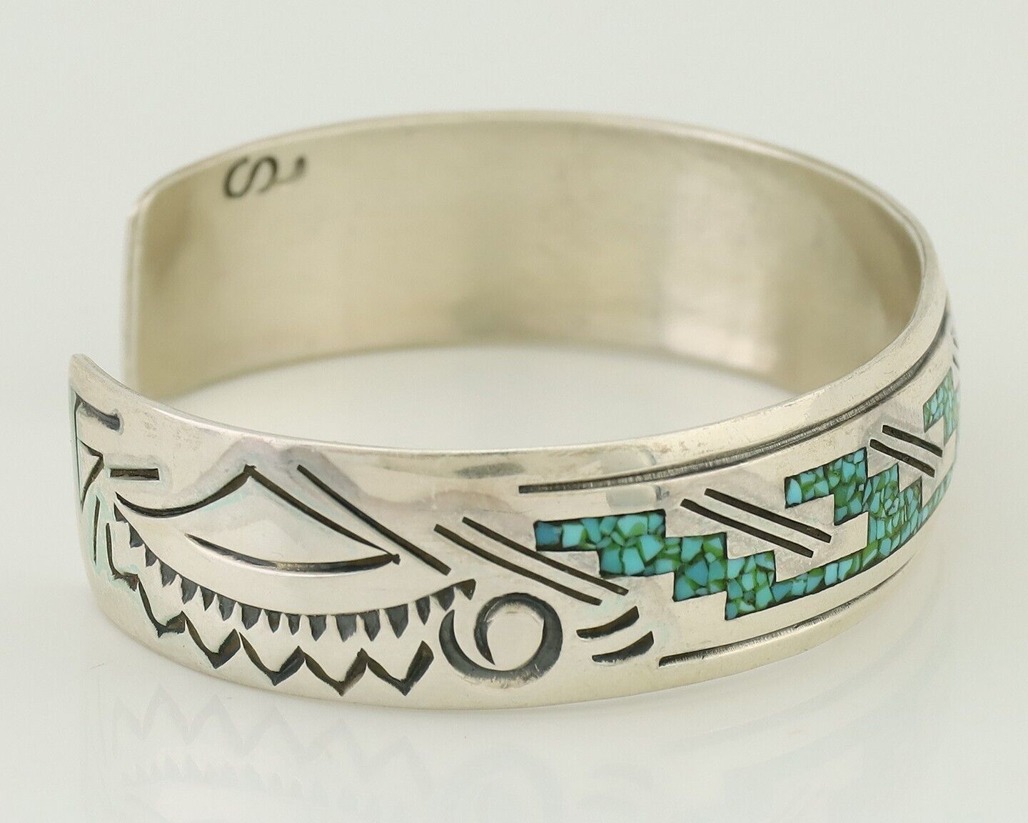 Navajo Inlay Bracelet 925 Silver Turquoise & Coral Signed Stanely Bain C.80's