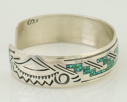 Navajo Inlay Bracelet 925 Silver Turquoise & Coral Signed Stanely Bain C.80's