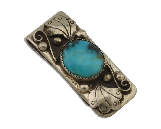 Navajo Turquoise Money Clip .925 Silver & .999 Nickle Signed Bull Horn C.80's