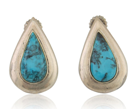 Navajo Dangle Earrings 925 Silver Natural Turquoise Signed Thomas Charay C.1988