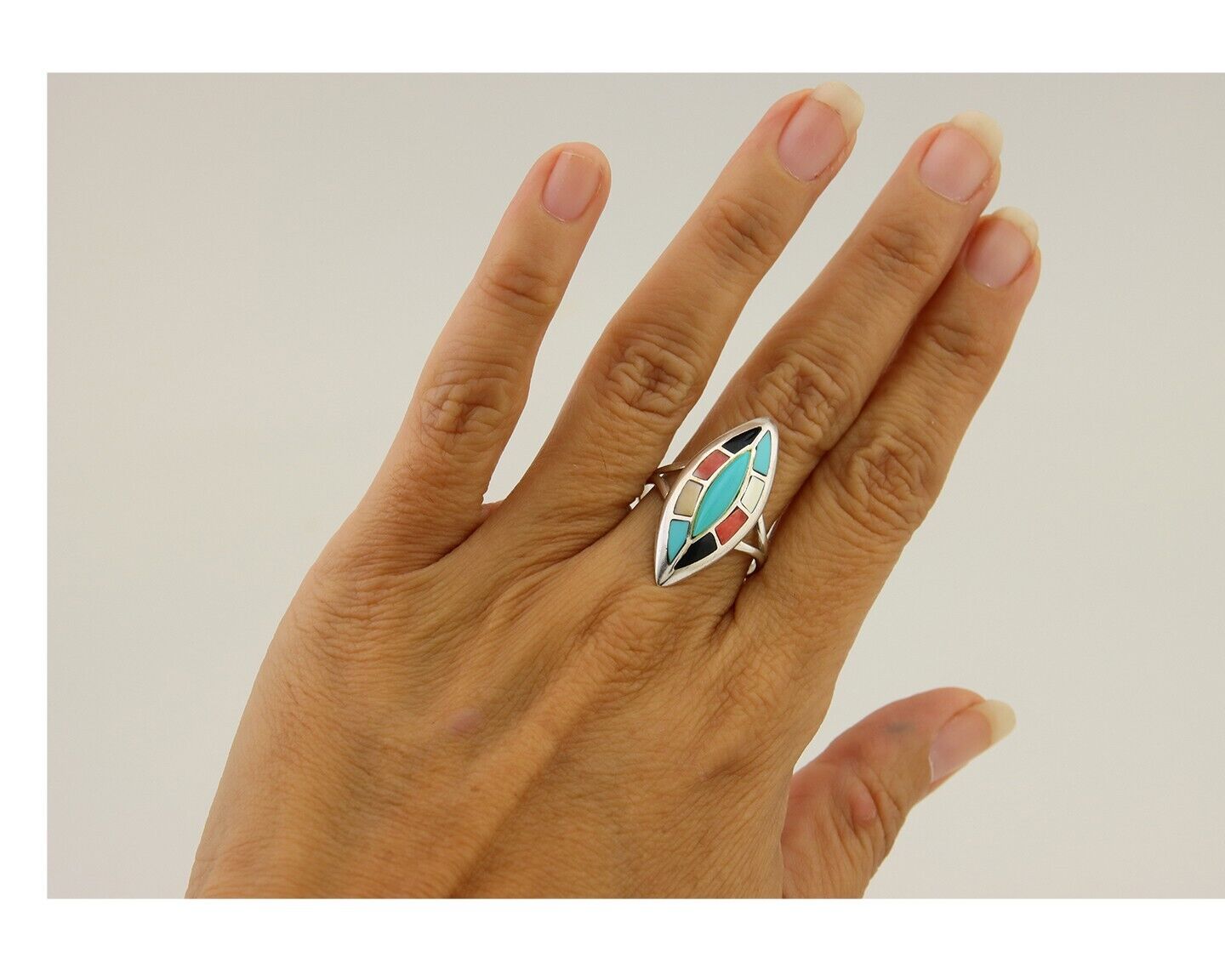 Navajo Ring 925 Silver Turquoise Shell Onyx Spiney Oyster Native Artist C80's