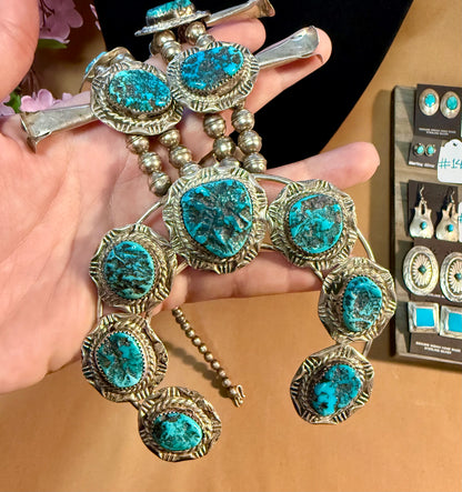 Navajo Sterling Silver Squash Necklace Authentic Nugget Turquoise Vintage Signed