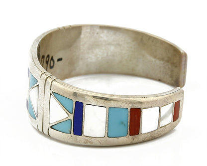 Early Artist David Freeland Inlaid Natural Gemstone .925 SOLID Silver Cuff