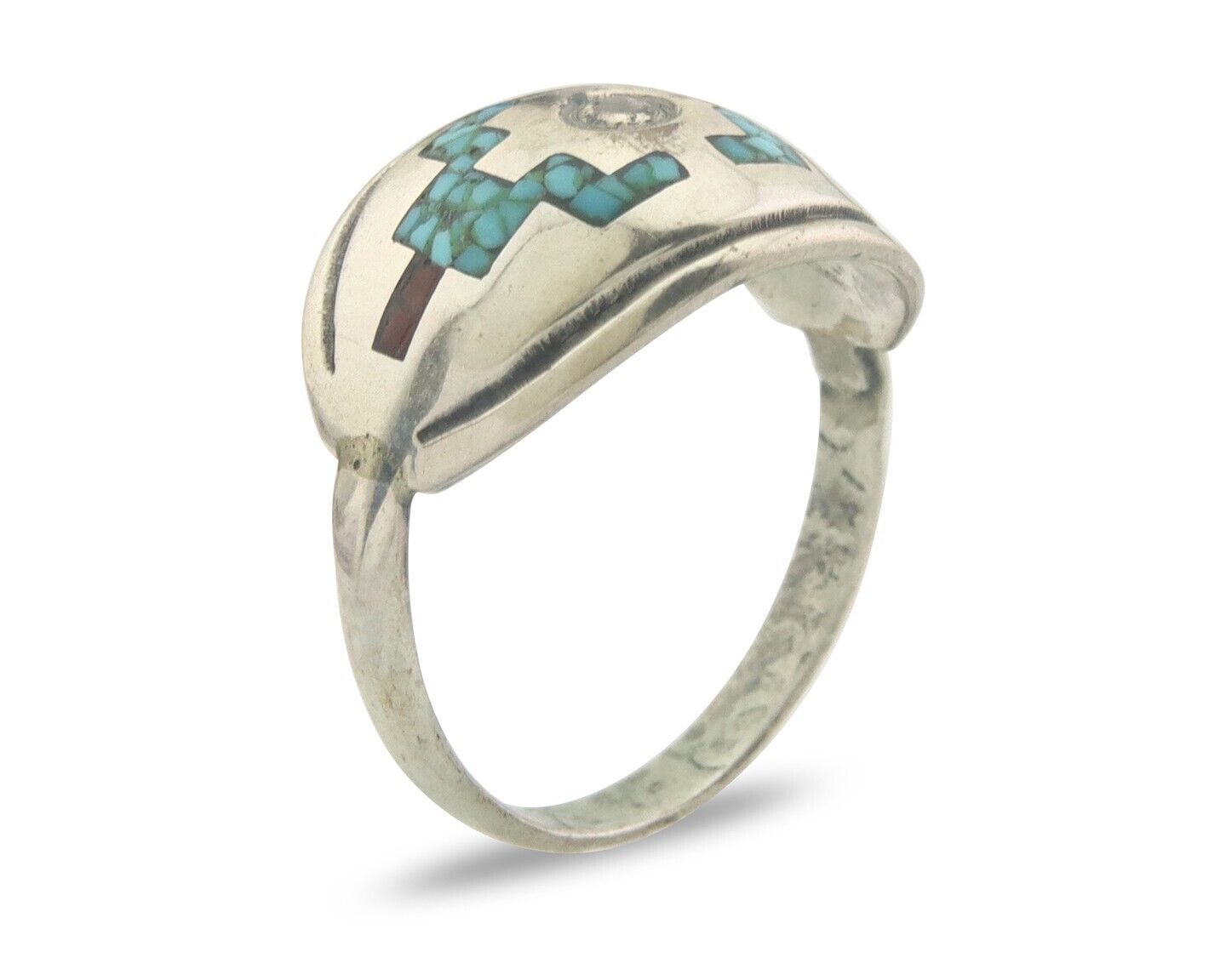 Navajo Ring 925 Sterling Natural Chip Inlay Coral & Turquoise C.80's Sz 8.0