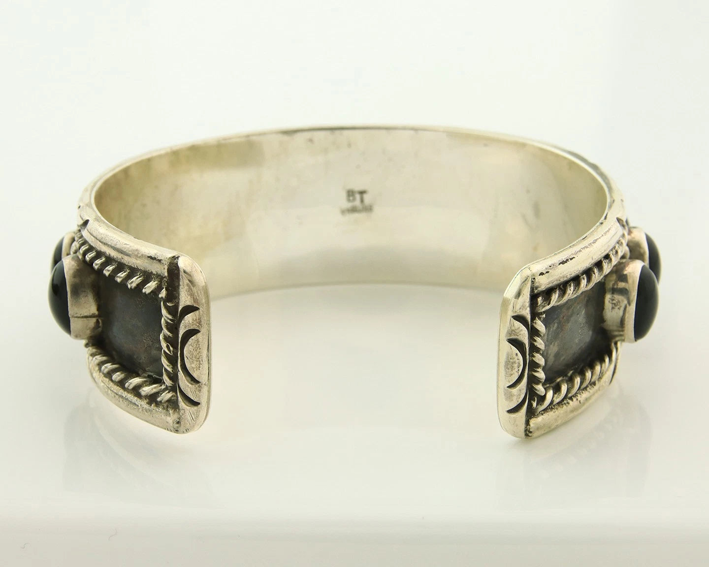 Men Navajo Cuff Bracelet Sterling Silver Black Onyx Vintage Signed BT