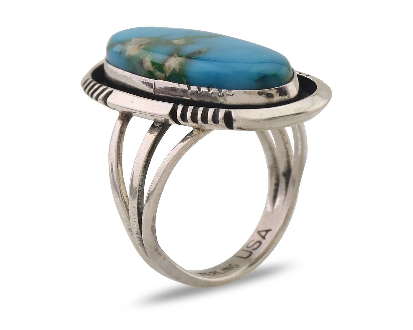 Navajo Ring 925 Silver Natural Blue Turquoise Signed USA C.80's