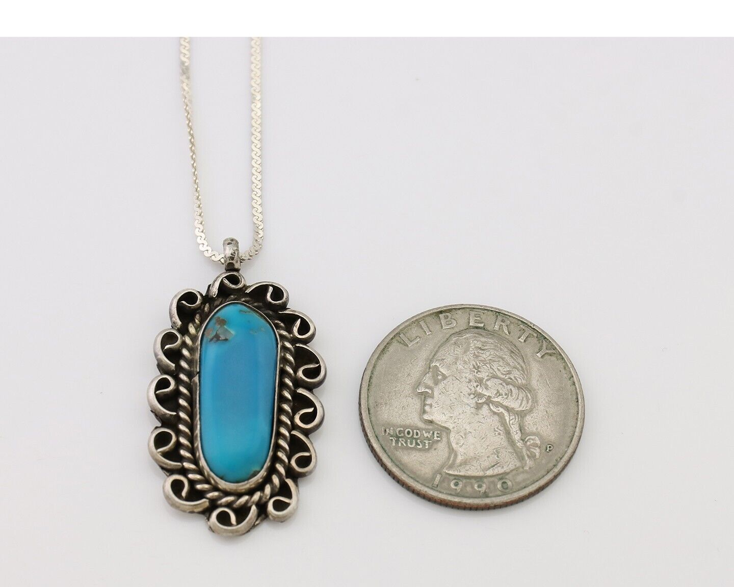 Navajo Necklace Pendant 925 Silver Turquoise Signed JH C.80's