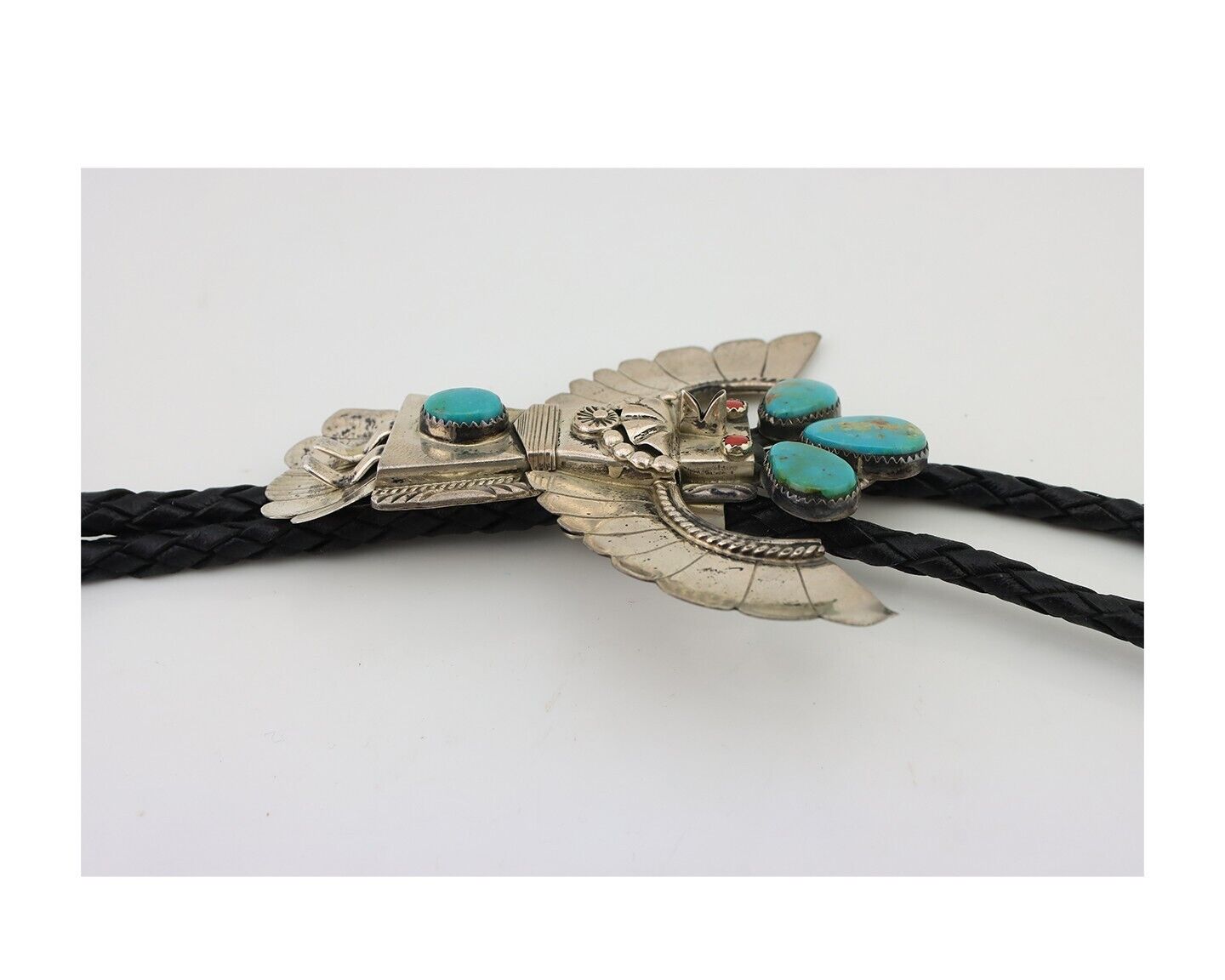 Navajo Bolo Tie 925 Silver Coral & Turquoise Signed M Broken Arrow C.80's