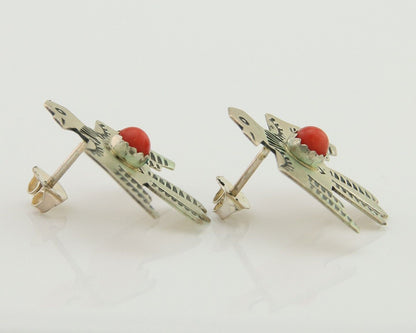 Navajo Thunderbird Earrings 925 Silver Natural Red Coral Native Artist C.80's