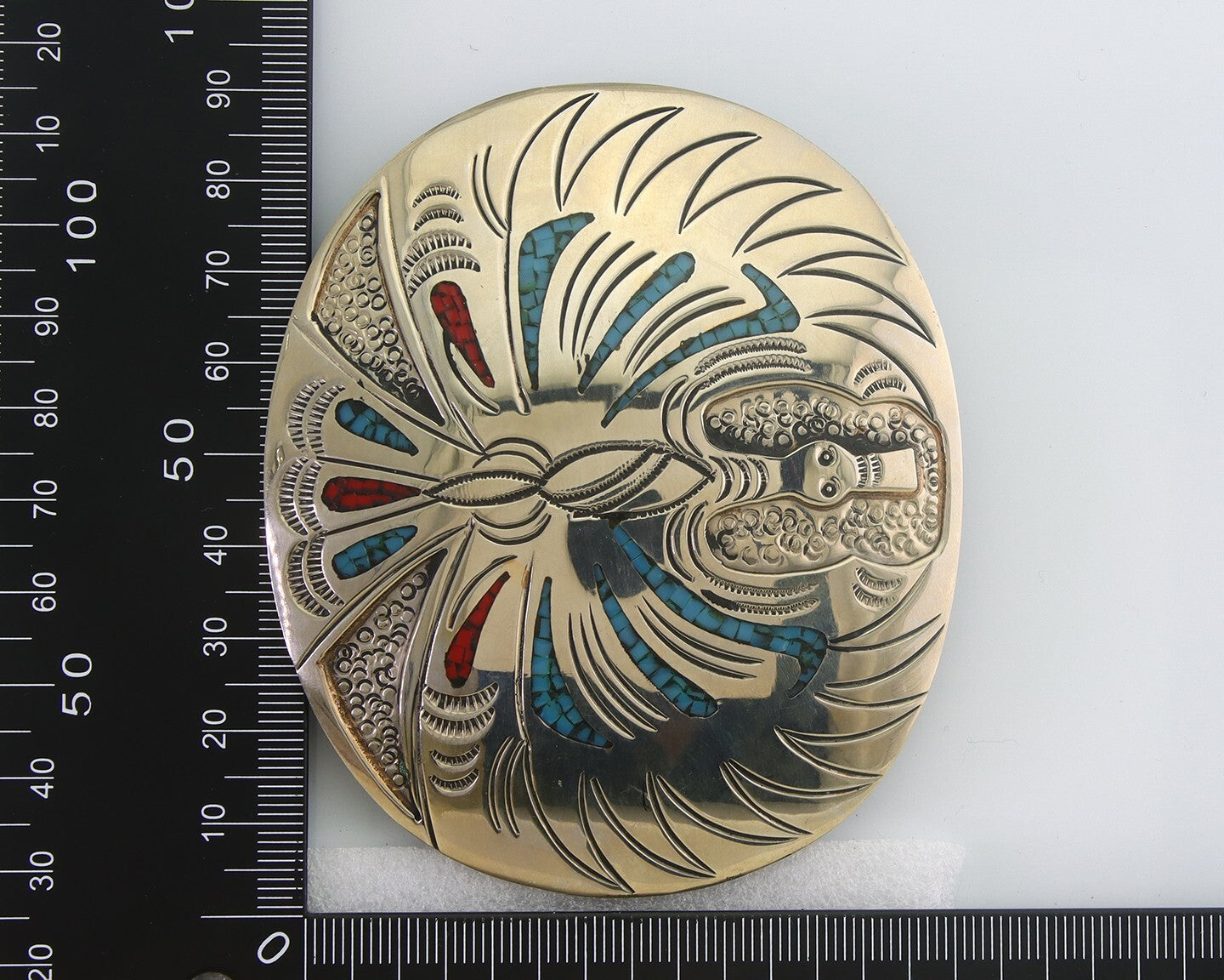 Navajo Belt Buckle .999 Nickel Buffalo Gemstone Signed Chee Keams 3x3.5 in C.80s