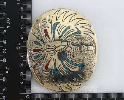 Navajo Belt Buckle .999 Nickel Buffalo Gemstone Signed Chee Keams 3x3.5 in C.80s