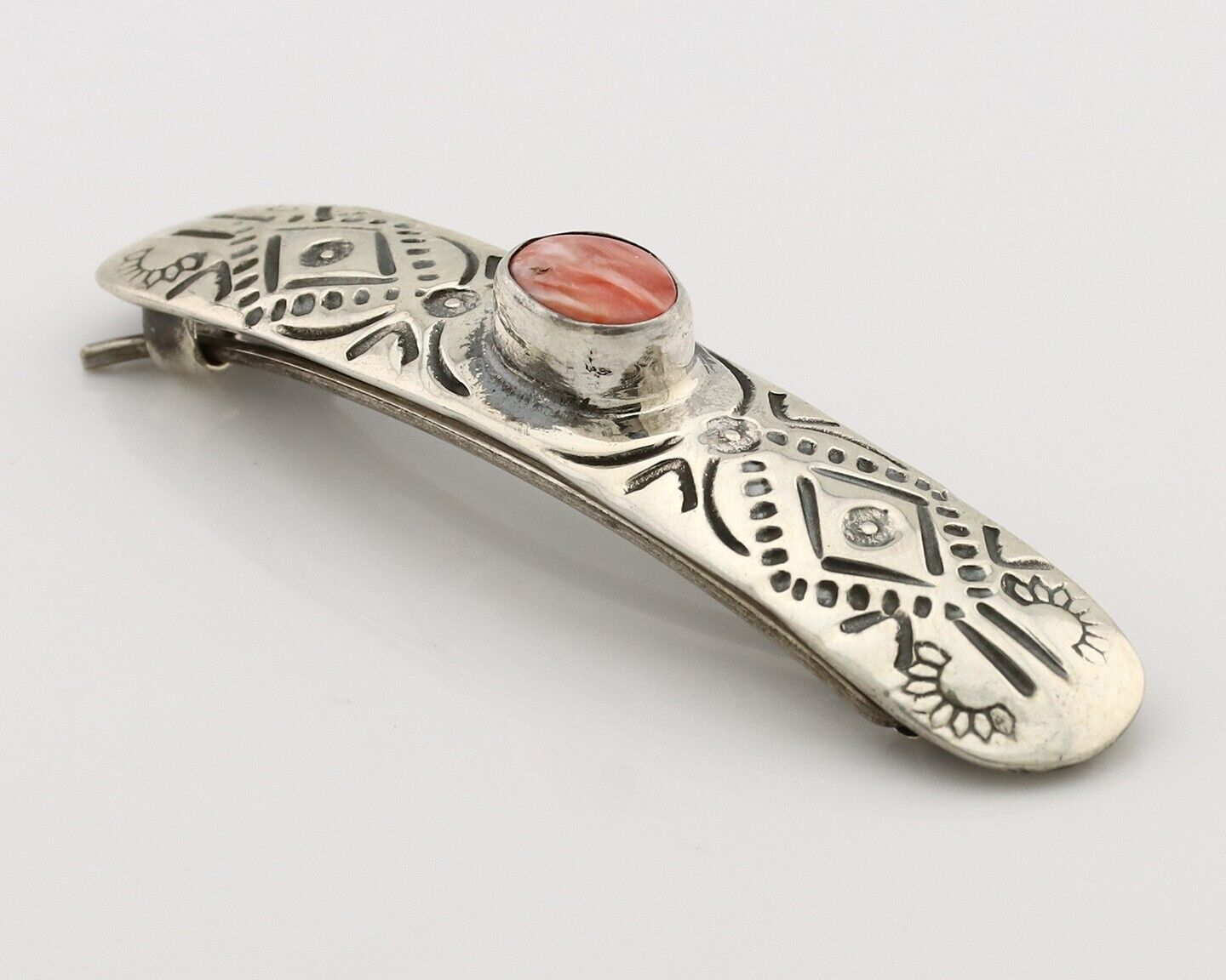 Women Navajo Hair Clip Barrette 925 Silver White Red Spiney Oyster Native Artist