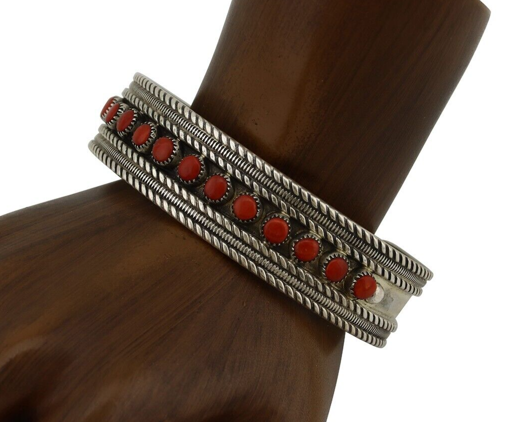 Zuni Bracelet 925 Silver Natural Red Coral Artist Signed B NATEWA C.80's