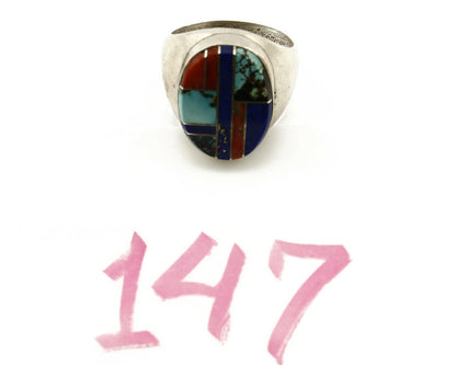 Navajo Ring .925 Sterling Silver Turquoise Coral Lapis Natural Gemstone Artist