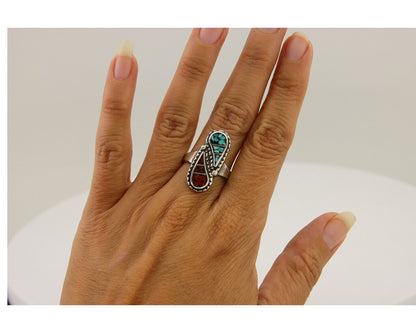 Navajo Ring 925 Silver Chip Inlay Turquoise & Coral Native Artist C.80's