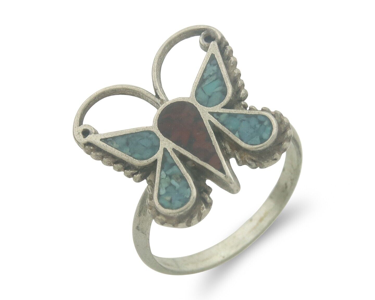 Navajo Ring 925 Silver Inlaid Butterfly Turquoise & Coral C.80's Size 5.5