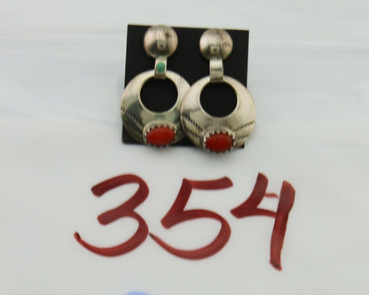 Navajo Earrings 925 Silver Natural Red Coral Artist Signed KF C.80's