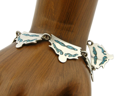 Mexican Artist TM .925 Silver Blue Turquoise Chip Inlay Bracelet