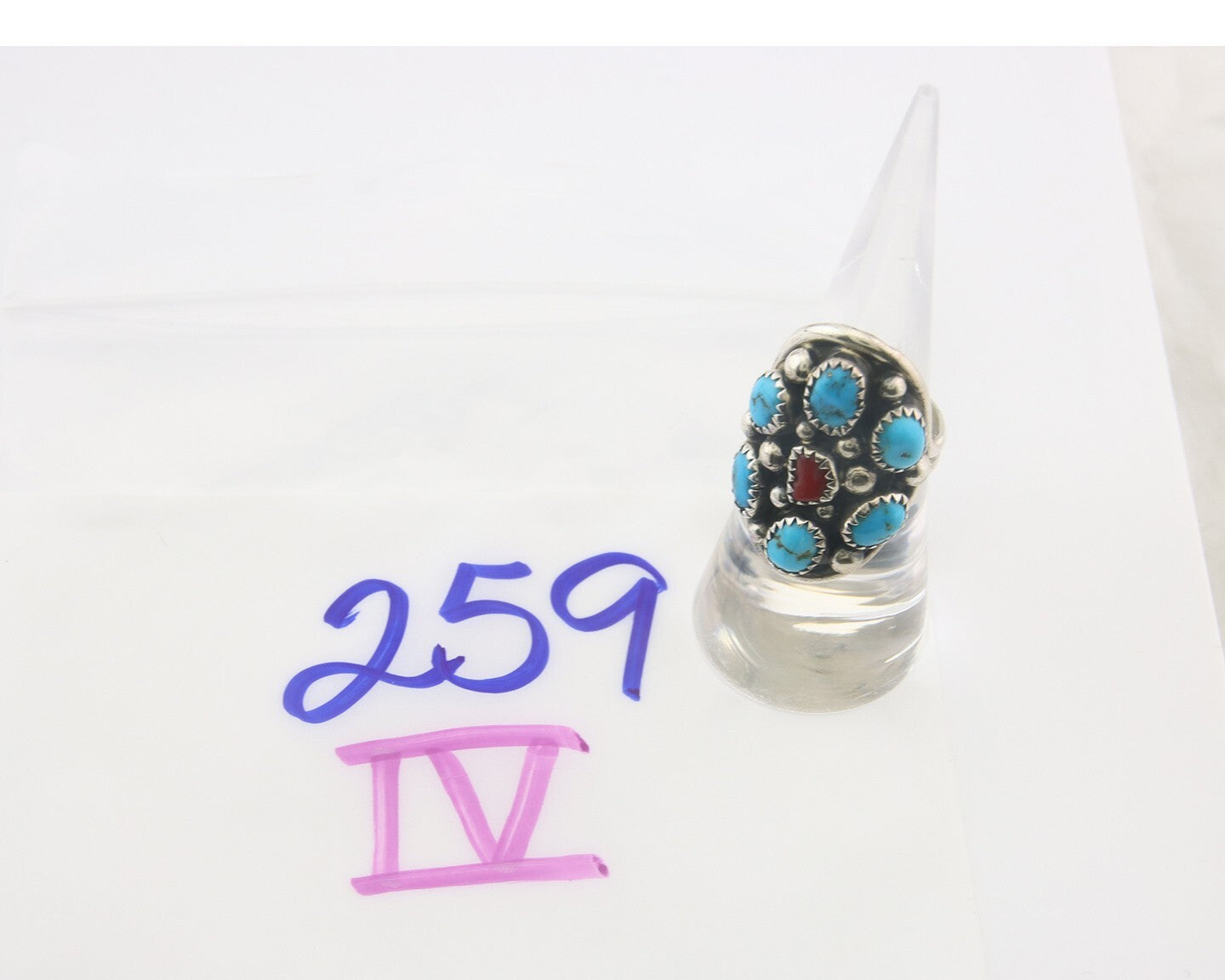 Navajo Ring 925 Sterling Natural Coral & Turquoise Signed MM C.80's Size 6.25