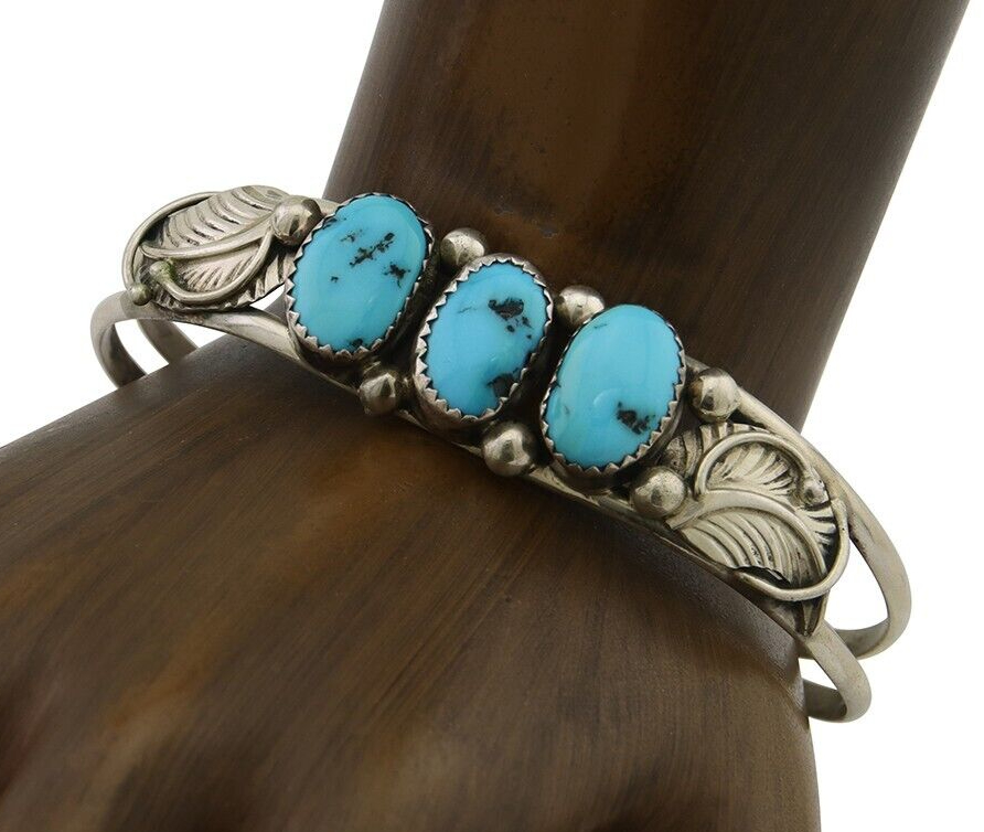 Navajo Bracelet 925 Silver Natural Blue Turquoise Native American Artist C.80's