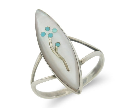Vintage Navajo Ring 925 Sterling MOP & Turqouiuse Signed J Size 7.5