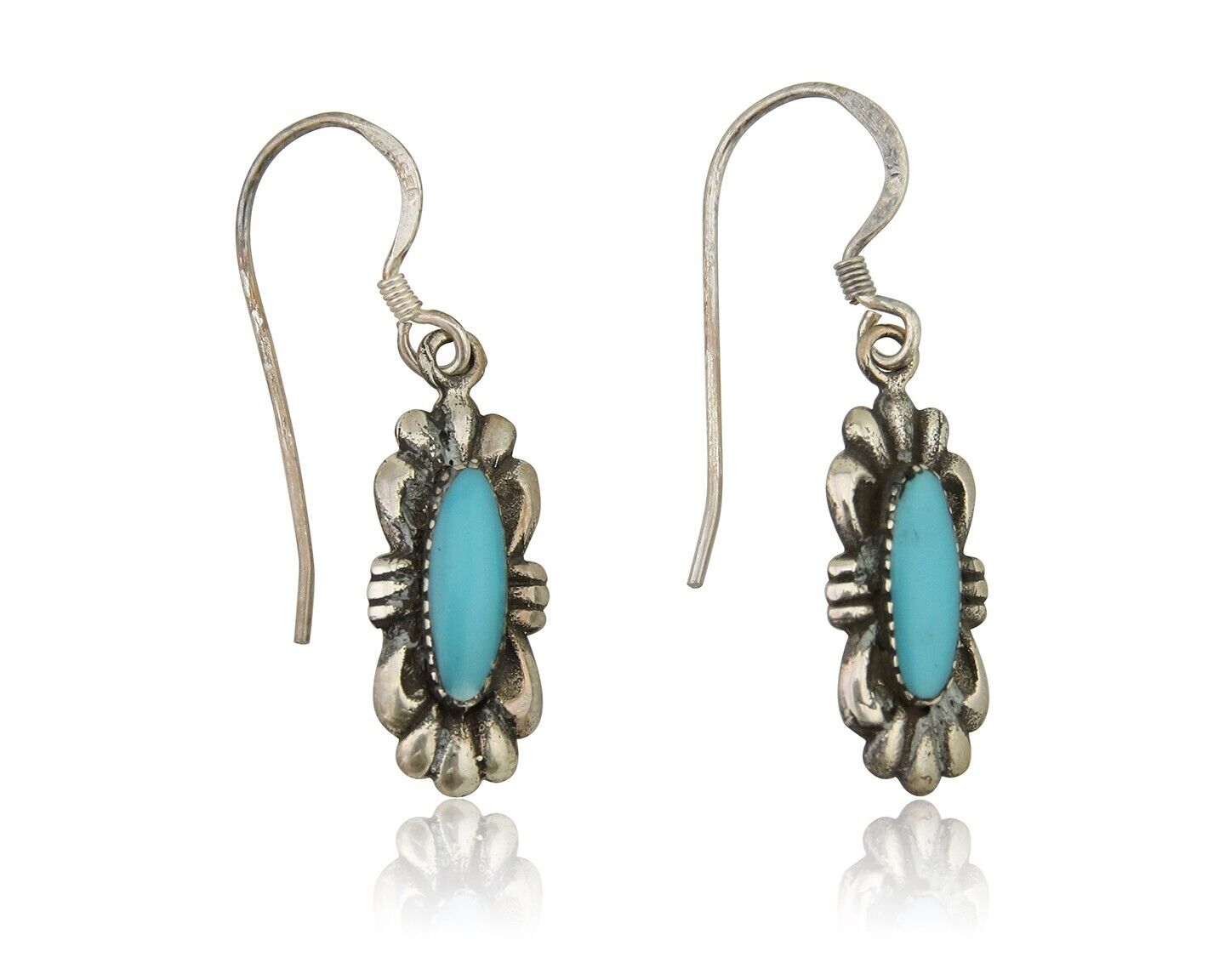 Navajo Dangle Earrings 925 Silver Blue Turquoise Artist Signed Square C.80's