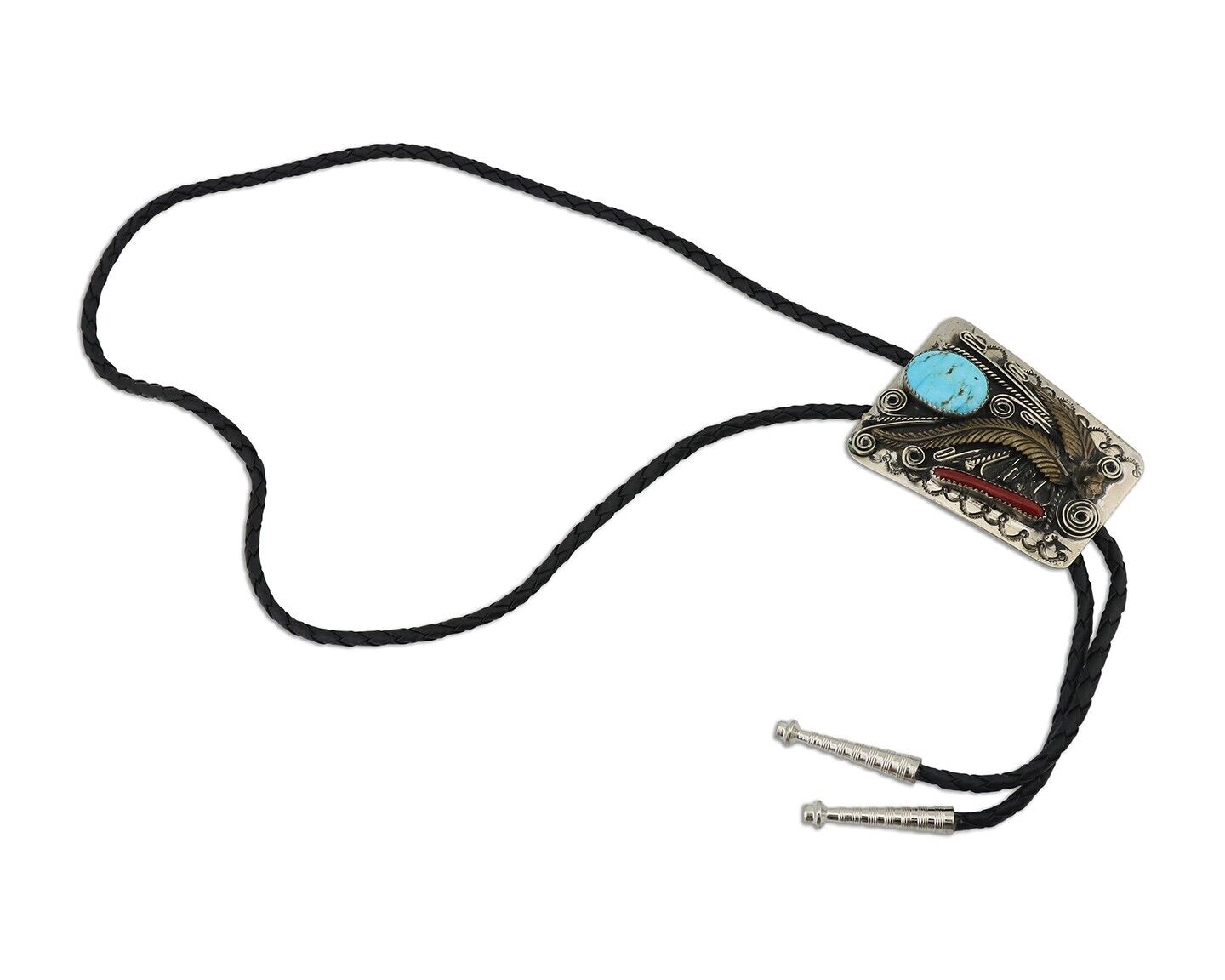 Navajo Bolo Tie .999 Nickel Coral & Turquoise Artist Signed BENNETT C.80's