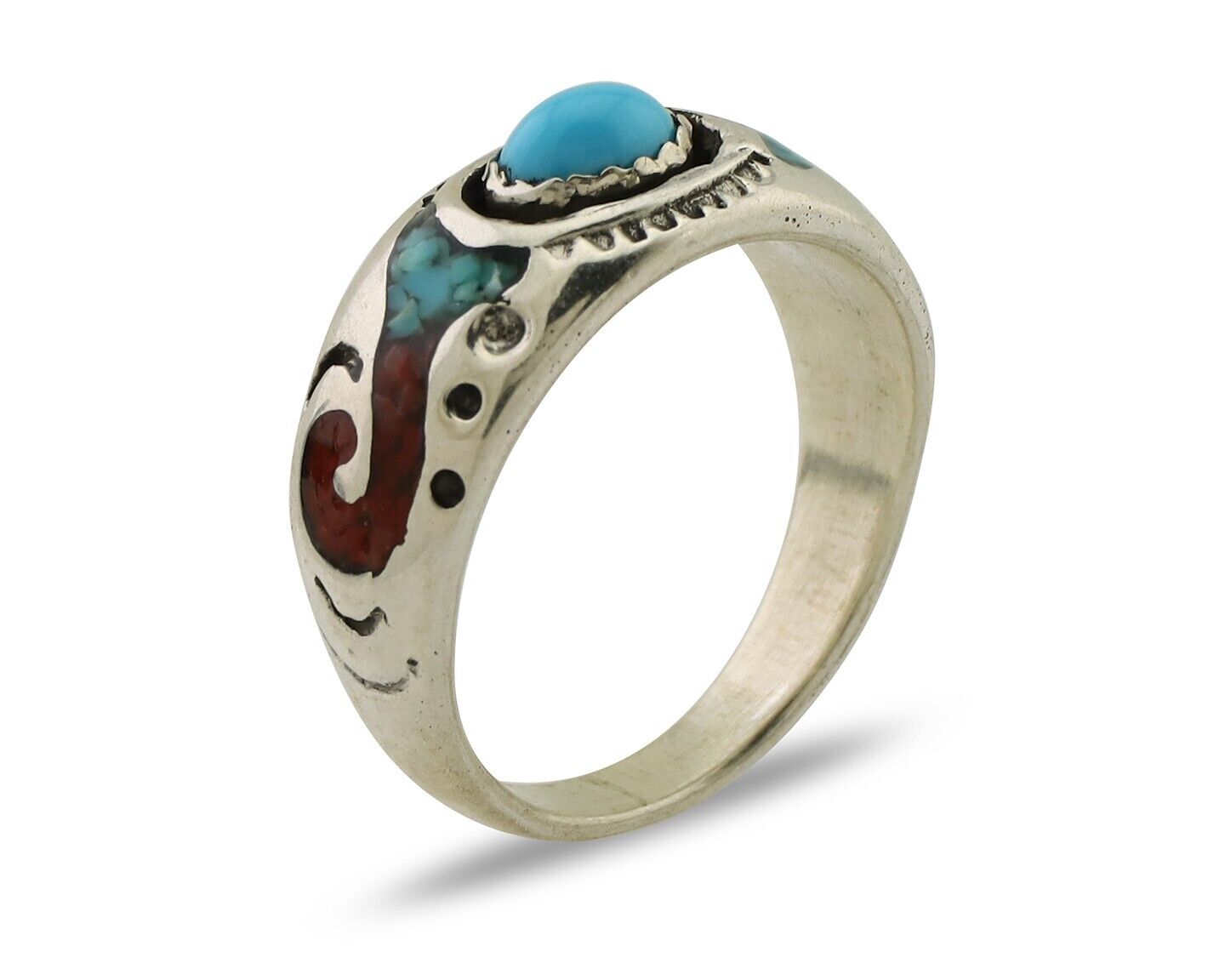 Navajo Ring 925 Silver Turquoise & Coral Natural American Artist C.80's