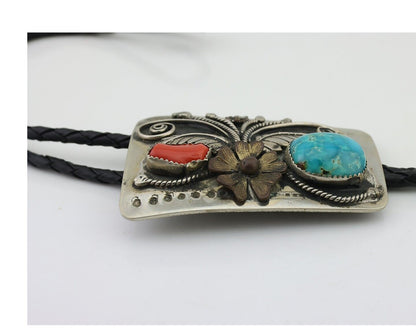 Navajo Bolo Tie .999 Nickel Coral & Turquoise Signed BENNETT C.80's