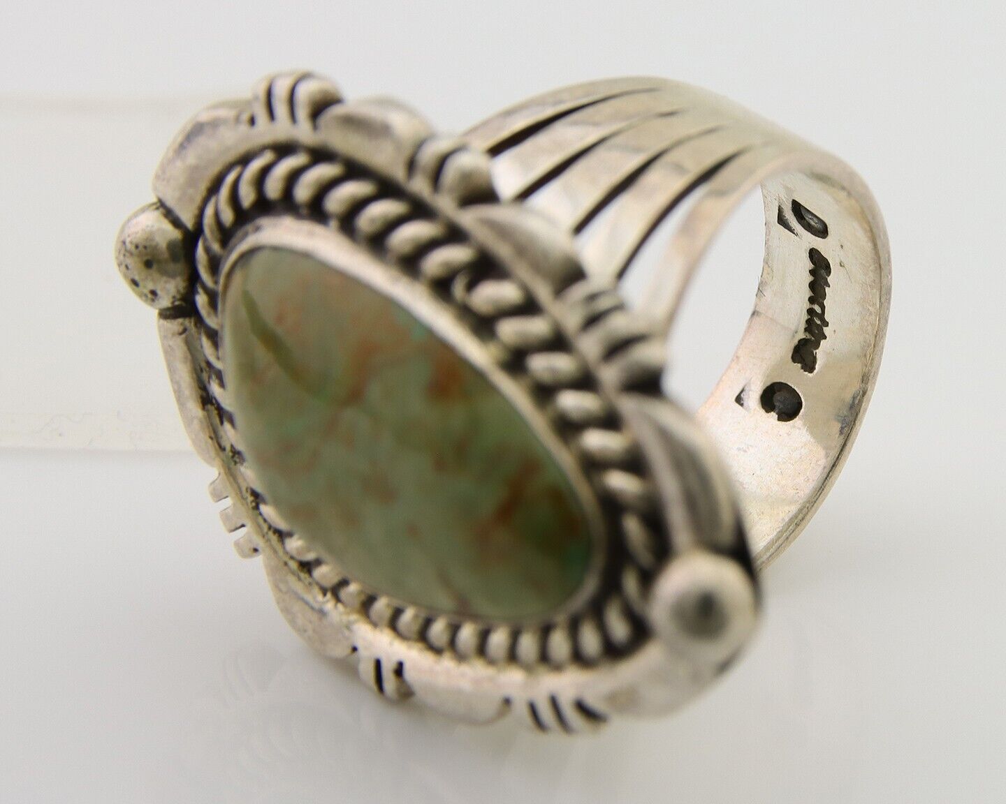 Navajo Ring 925 Sterling Silver Natural Green Turquoise Signed DC C.80's