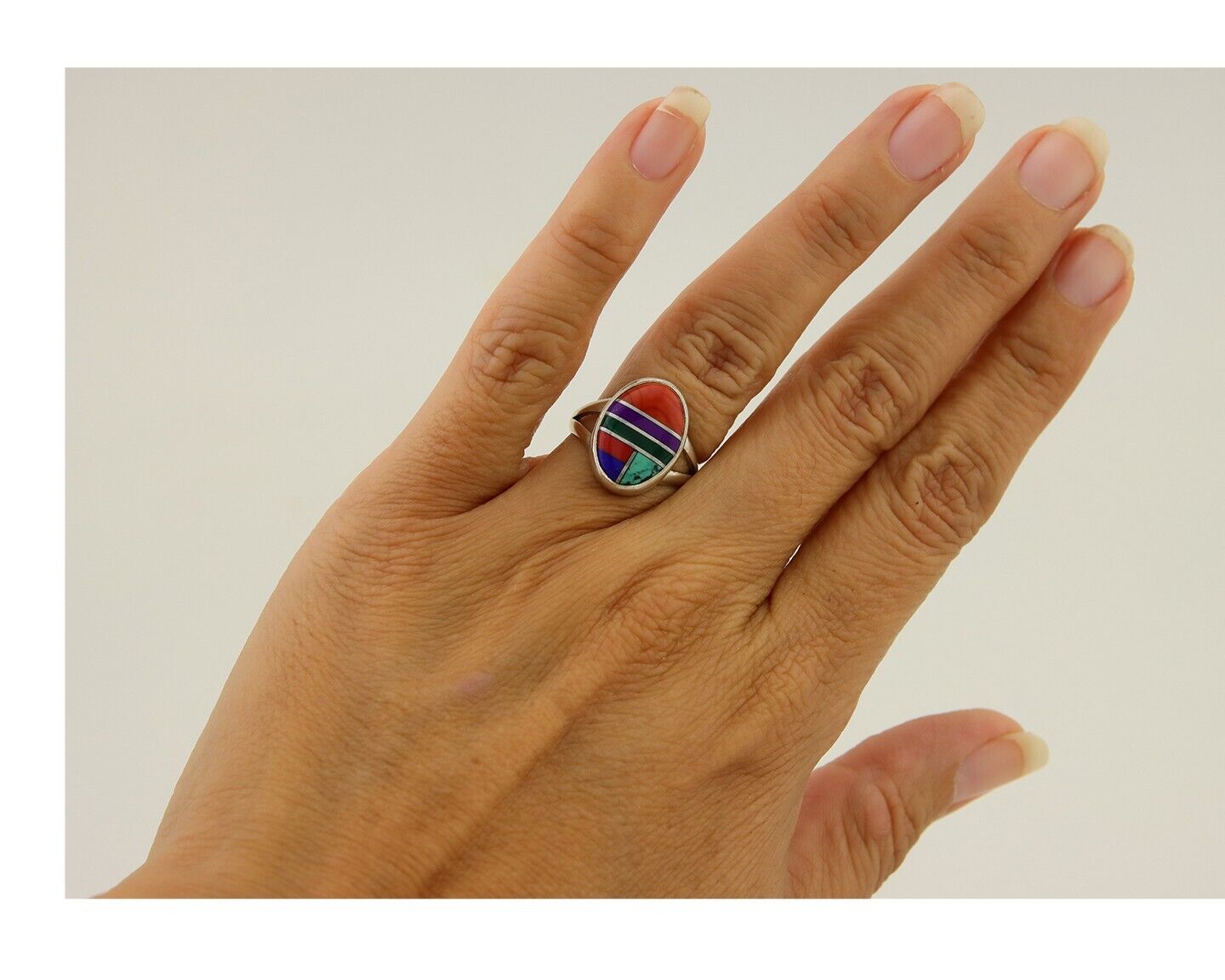 Navajo Ring 925 Sterling Silver Natural Gemstones Artist Signed Sunrise C.80's