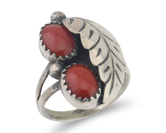 Navajo Handmade Ring 925 Silver Natural Mediterranean Coral Signed 88 C.80's